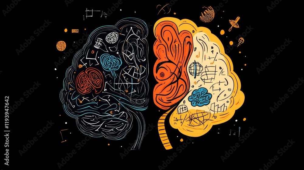 Poster A stylized image of the human brain with one side glowing with artistic shapes and the other filled with mathematical symbols.