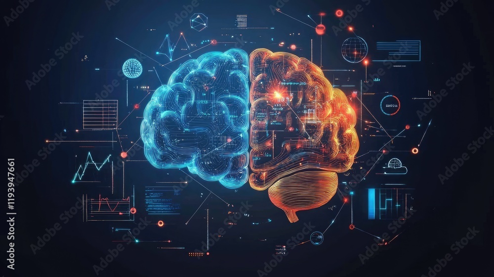 Poster a stylized image of the human brain with one side glowing with artistic shapes and the other filled 
