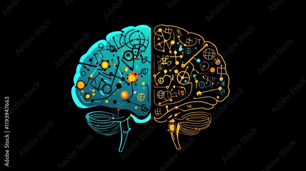 Poster A stylized image of the human brain with one side glowing with artistic shapes and the other filled with mathematical symbols.
