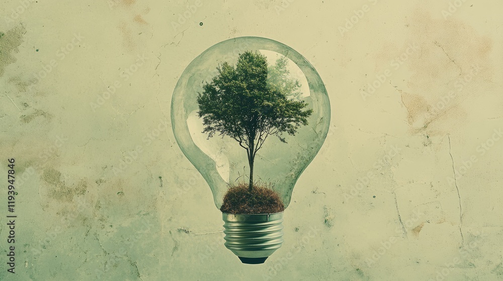Poster a symbolic image of a lightbulb with a tree growing inside, emphasizing sustainable living and envir