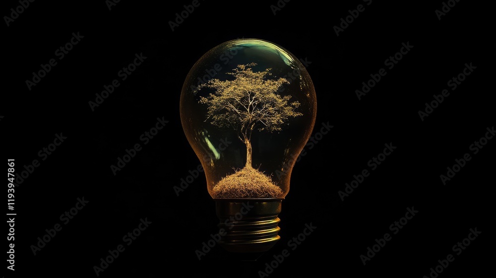 Poster a symbolic image of a lightbulb with a tree growing inside, emphasizing sustainable living and envir