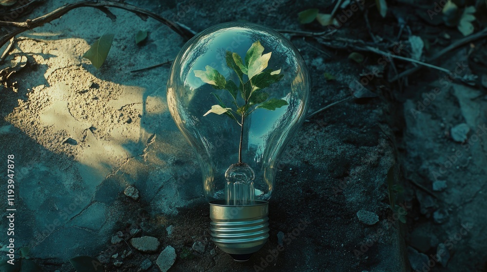 Poster a symbolic image of a lightbulb with a tree growing inside, emphasizing sustainable living and envir