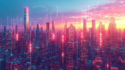 Fototapeta premium Futuristic Cityscape at Sunset: A Digital Dawn