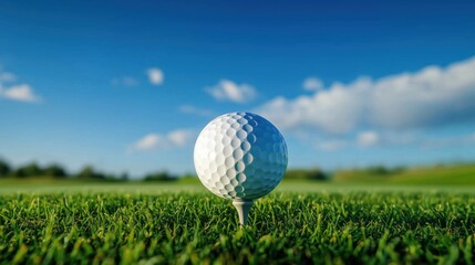 Obraz premium A Close-Up of a Golf Ball Teed on Lush Green Grass Under a Clear Blue Sky Evoking Excitement for the Game