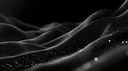 un fondo oscuro negro con tela de seda en movimiento con ondas y chispas o destellos resplandecientes efecto de ondas en movimiento elemento de diseño con espacio de copia