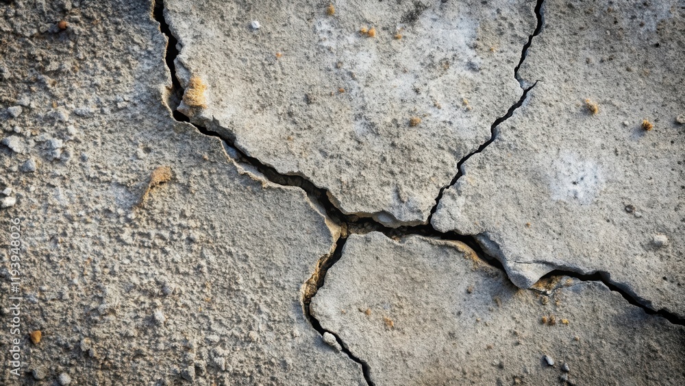 Poster Close-up view of a cracked and weathered concrete surface showing significant fracturing and granular texture