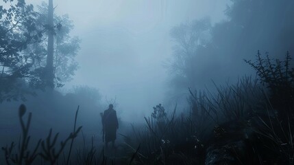Fototapeta premium A figure walks through a foggy forest, creating a mysterious and atmospheric scene.