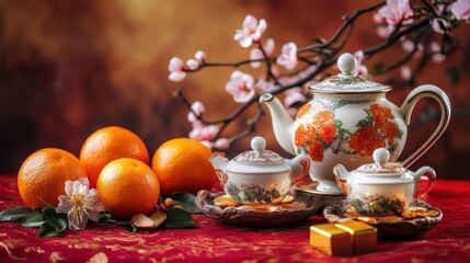 Fototapeta premium Chinese New Year Tea Ceremony With Oranges and Blossoms
