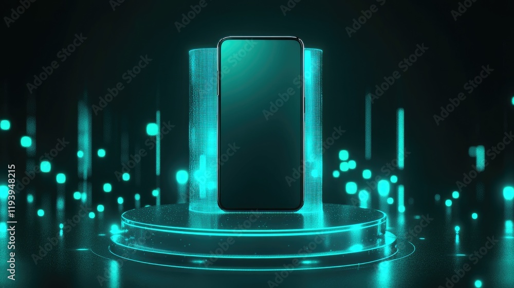 Poster A vertical smartphone on a podium with glowing teal elements around it, symbolizing modern tech and innovation in a dynamic digital environment