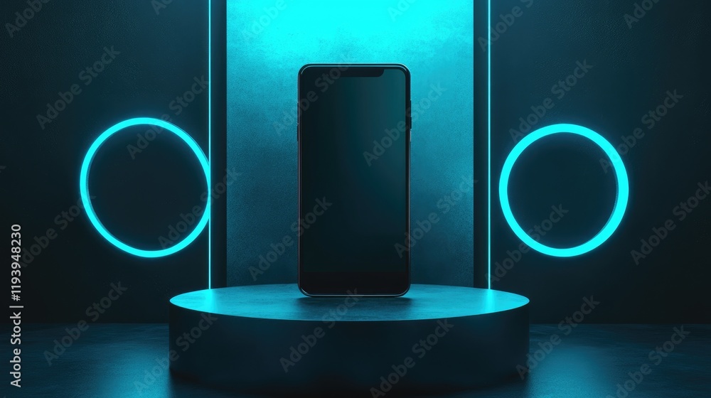 Poster A vertical smartphone placed on a podium with teal circular lighting elements, creating a modern, sleek tech presentation in a futuristic setting