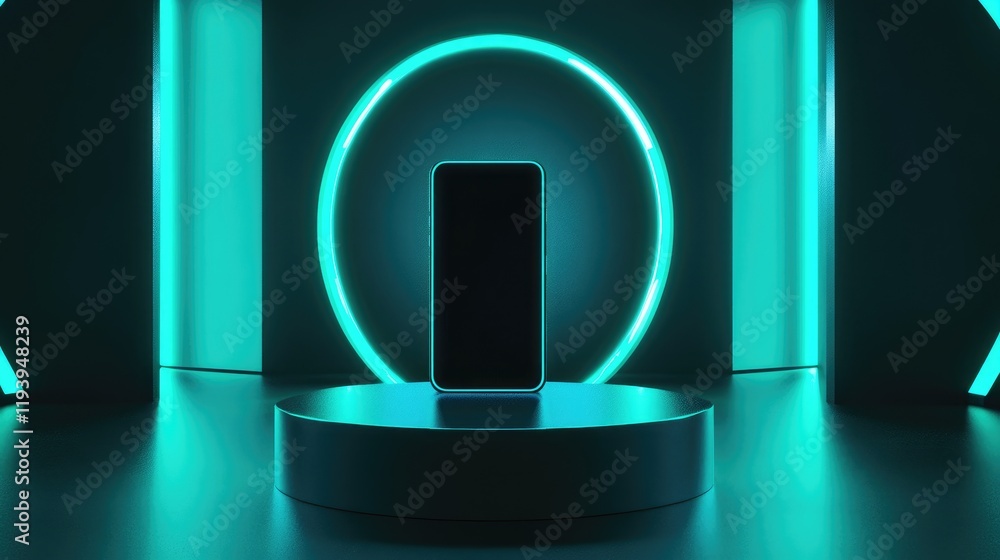 Poster A vertical smartphone placed on a podium with teal circular lighting elements, creating a modern, sleek tech presentation in a futuristic setting