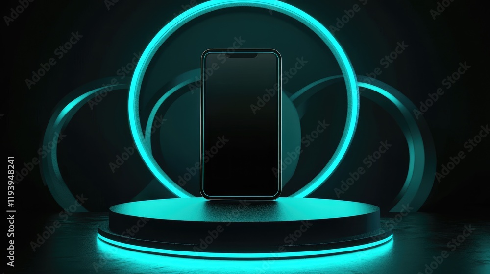 Poster A vertical smartphone placed on a podium with teal circular lighting elements, creating a modern, sleek tech presentation in a futuristic setting