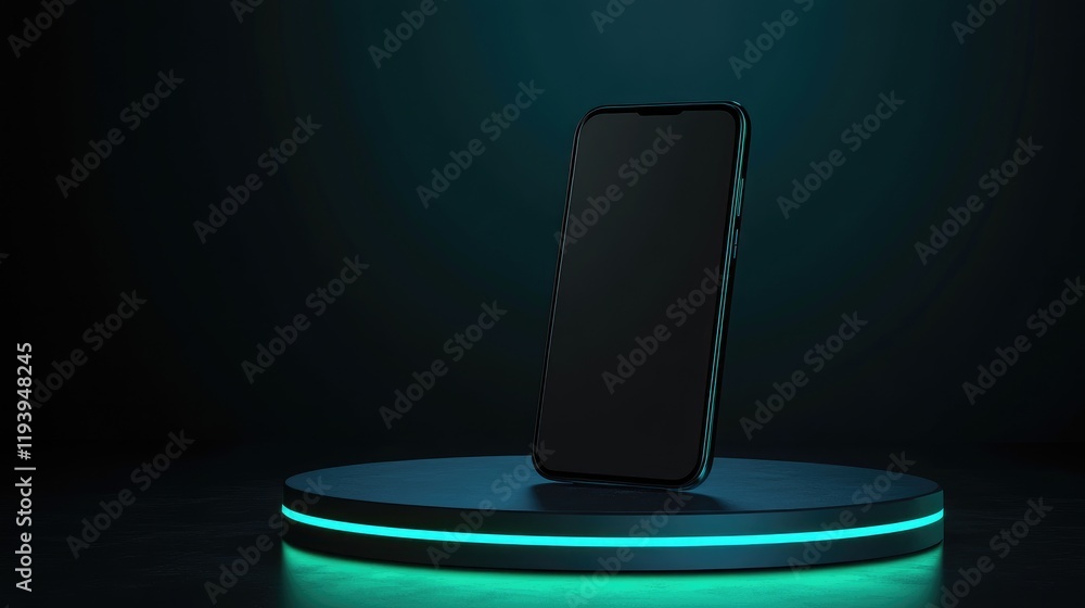 Poster A vertical smartphone with a blank display on a pedestal, accented by glowing teal circular elements and a dark, minimalist background