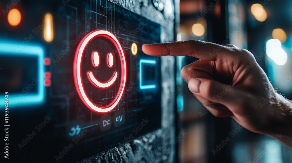 Poster hand touching digital smiley face icon on interactive screen in modern tech environment