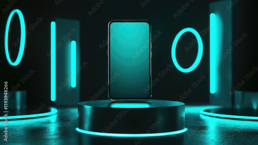 Poster A vertical smartphone with a blank display on a pedestal, accented by glowing teal circular elements and a dark, minimalist background