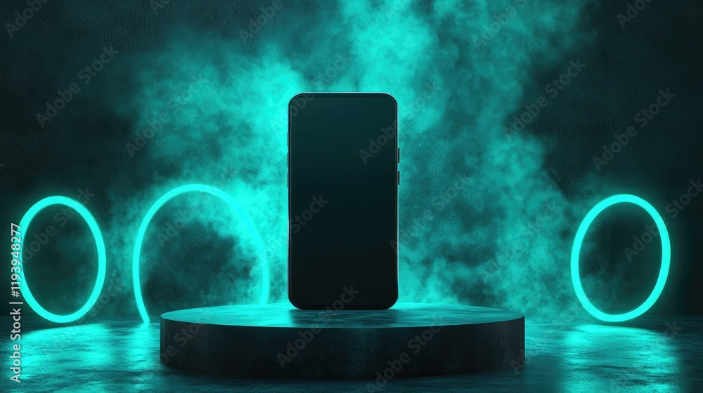 Aufkleber A vertical smartphone with a blank display on a podium, surrounded by teal-colored glowing circular elements and set against a dark background