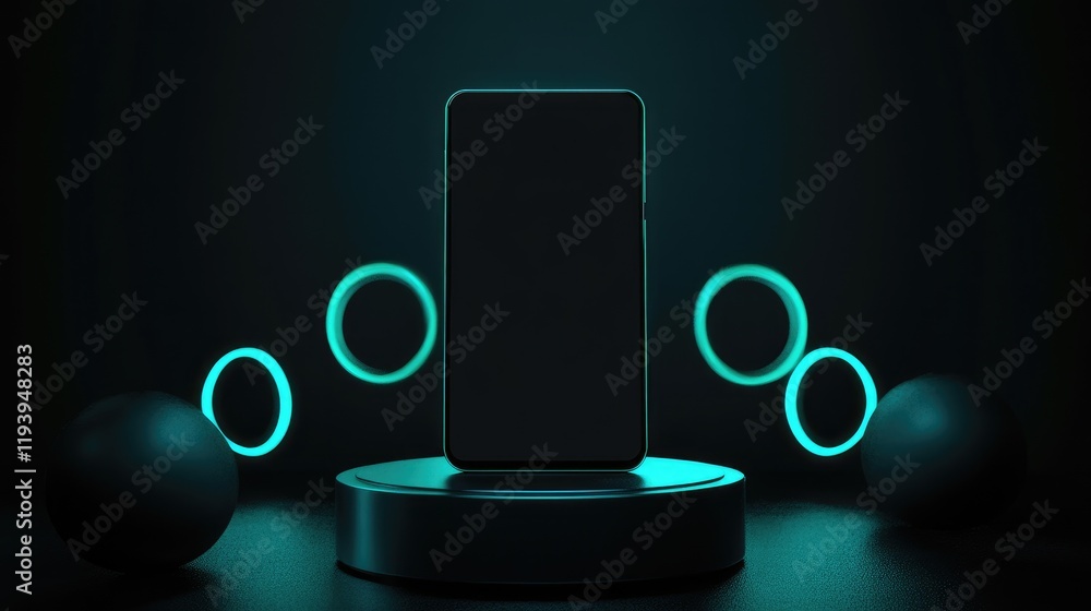 Poster a vertical smartphone with a blank display on a pedestal, accented by glowing teal circular elements
