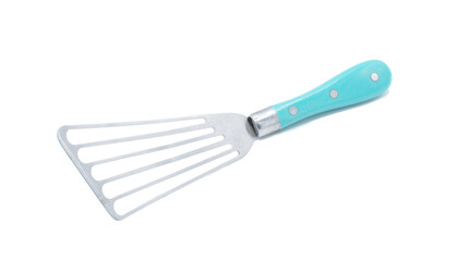 Food spatula, turner or flipper, used to lift and flip food items during cooking, such as pancakes and fillets. Isolated on white background with copy space