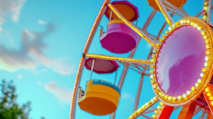 Colorful Ferris Wheel Against Bright Sky in Amusement Park Setting