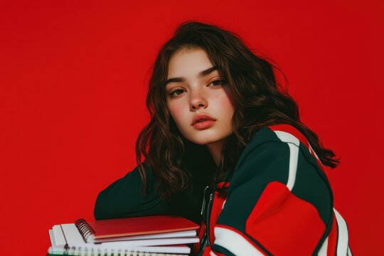 High school girl in varsity jacket holding books confidently