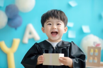 Smiling boy in kindergarten graduation with a gift