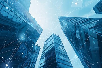 Low angle view of modern skyscrapers and network connection concept