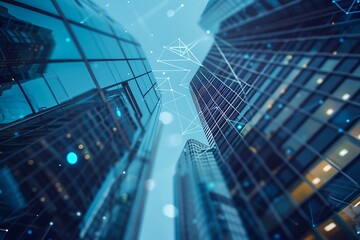 Low angle view of modern skyscrapers and network connection concept