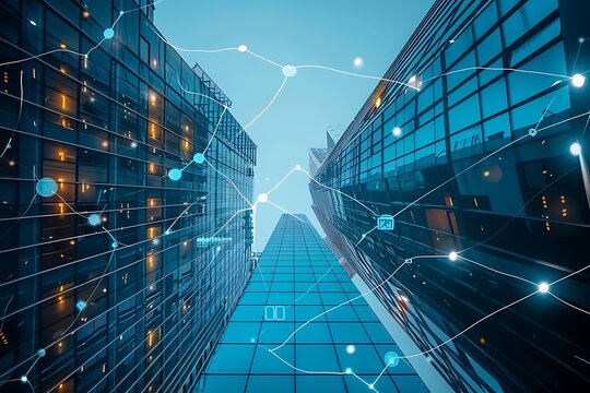 Low angle view of modern skyscrapers and network connection concept