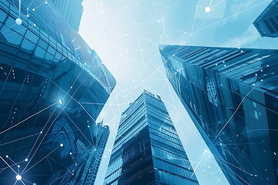 Low angle view of modern skyscrapers and network connection concept