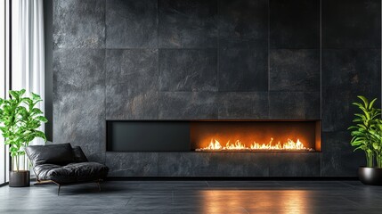 Modern living room with fireplace, plants, and chair. Ideal for real estate, interior design, or home comfort concepts.