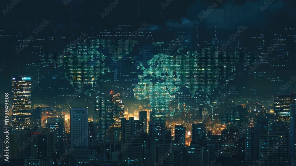 Poster A world map with binary code overlays on an urban city skyline at night, symbolizing the intersection of technology, data, and global networks in the modern age