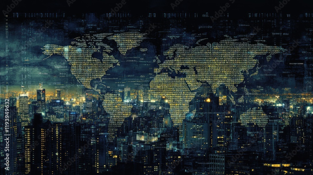 Poster A world map with binary code overlays on an urban city skyline at night, symbolizing the intersection of technology, data, and global networks in the modern age