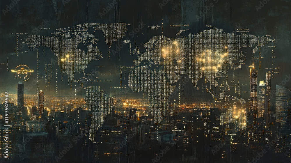 Poster A world map with binary code overlays on an urban city skyline at night, symbolizing the intersection of technology, data, and global networks in the modern age