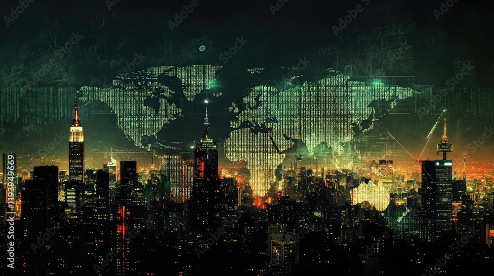 Fototapete a world map with binary code overlays on an urban city skyline at night, symbolizing the intersectio