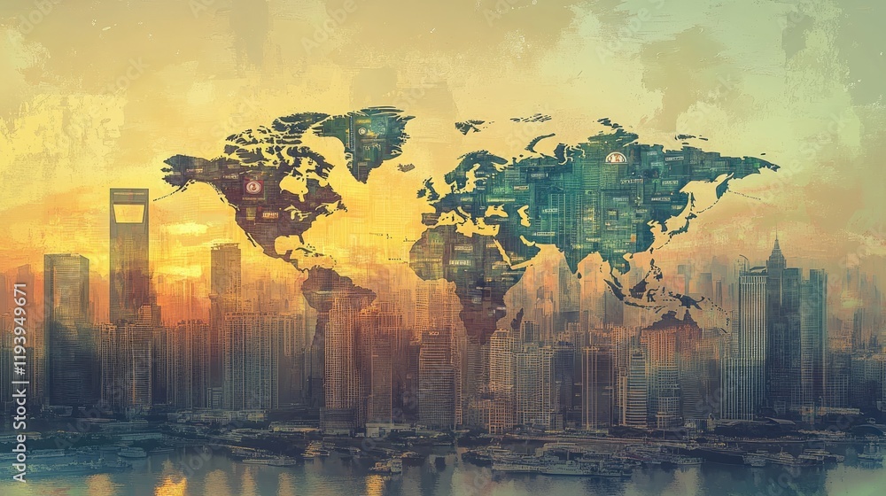 Poster a world map with overlayed currency symbols on a modern city skyline background, symbolizing global 