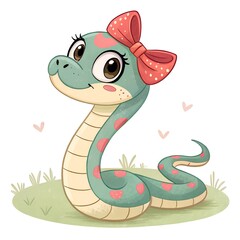 Fototapeta premium Adorable cartoon snake with a bow, featuring a cute expression and playful design, perfect for children's art or educational material. 