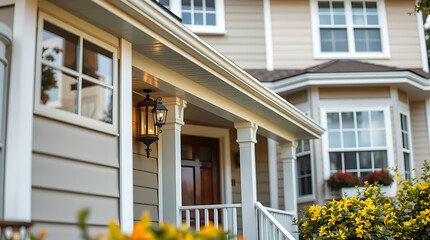 Fototapeta premium Dream House Exterior: Elegant Home Design with Charming Porch and Landscaping