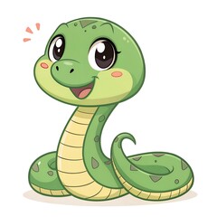 Cute funny snake, smiling. Reptile and green animal. Smiling kawaii serpent. Cartoon vector illustration isolated on white background
