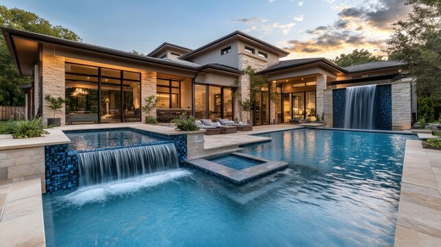 Luxury home with infinity pool and waterfall feature at dusk. Ideal for real estate, luxury lifestyle, and architectural design websites.
