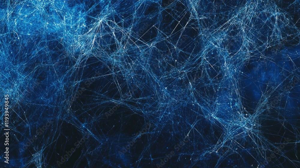 Poster Abstract blue network lines forming a digital web, symbolizing connectivity, data transmission, and technological progress on a dark background