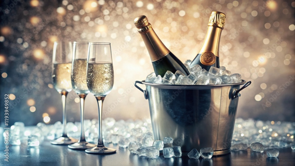 Poster festive celebration two sparkling wine bottles chilled in an ice bucket with elegant champagne flute