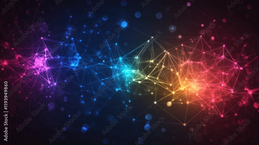 Poster Abstract concept of social network technologies with user symbols connected by lines, showcasing digital interactions and online connectivity on a dark backdrop