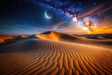Naklejka premium Arabian Desert Night Photography, Crescent Moon Macro, Starry Sky, Dunes Landscape, Night Desert Scene, Macro Photography, Desert Beauty, Night View, Sand Dunes, Middle East Night