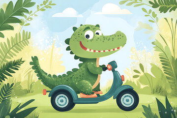 A cheerful cartoon dinosaur riding a scooter in a vibrant, lush environment.