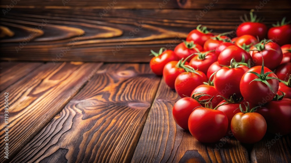 Poster A cluster of ripe red tomatoes rests on a rustic wooden surface