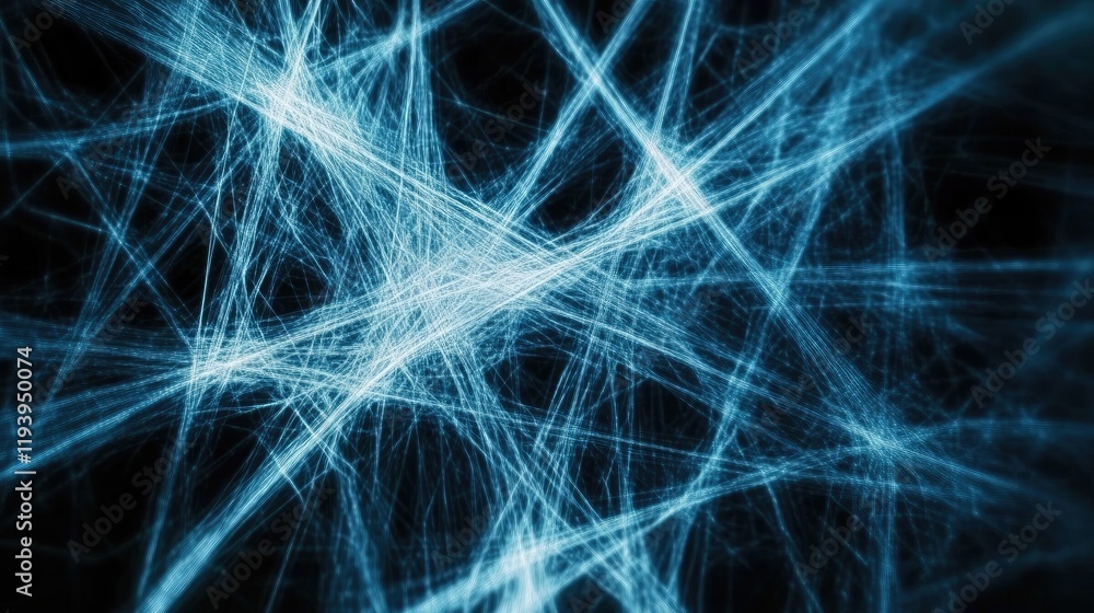 Poster Abstract interconnected network lines forming a digital structure in blue tones, symbolizing technology, connectivity, and data flow in a dark background