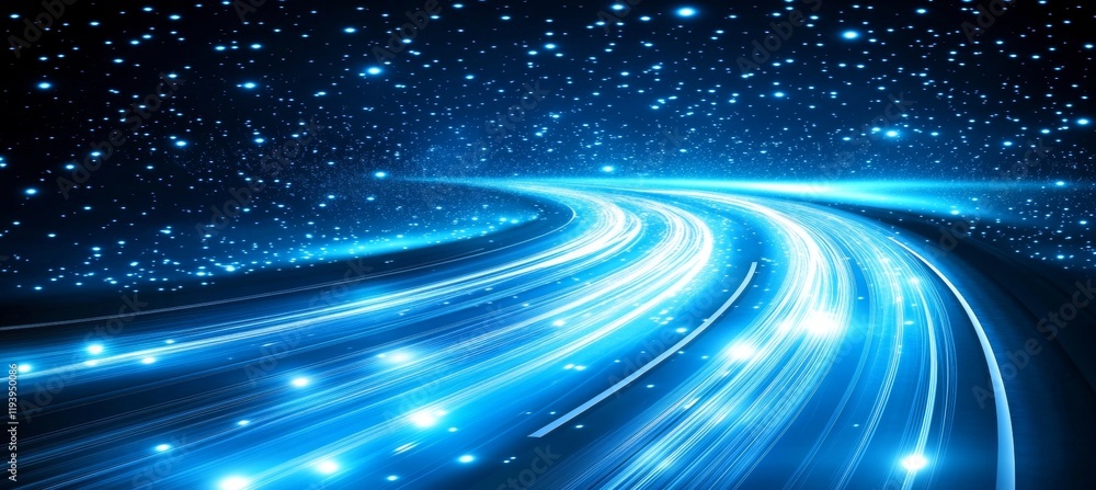 Poster abstract glowing light trails with starry background. motion light effect. abstract background