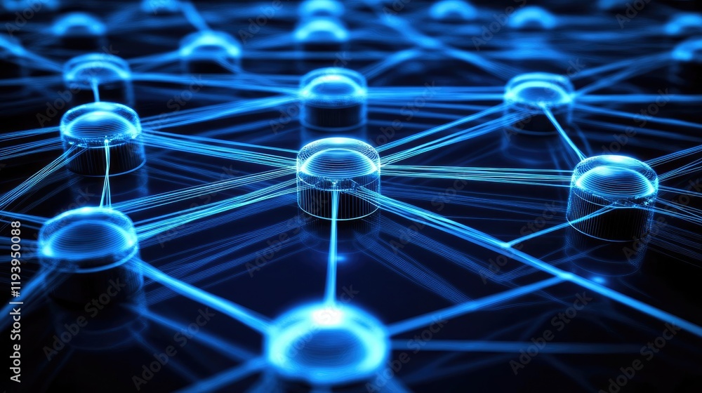 Poster Abstract interconnected network lines forming a digital structure in blue tones, symbolizing technology, connectivity, and data flow in a dark background
