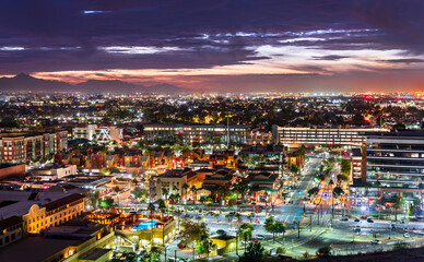 Aerial view of Downtown Tempe skyline at sunset near Phoenix, Arizona