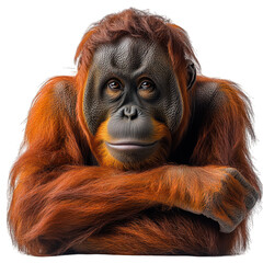 A close-up of a thoughtful orangutan with expressive eyes.